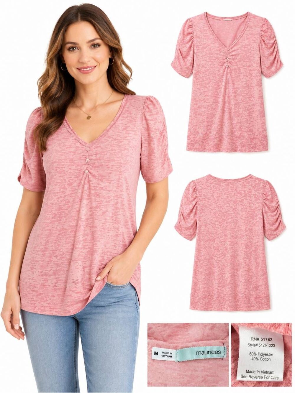 Maurices M Pink Burnout Puff Sleeve Button Front Tee Lightweight Stretch